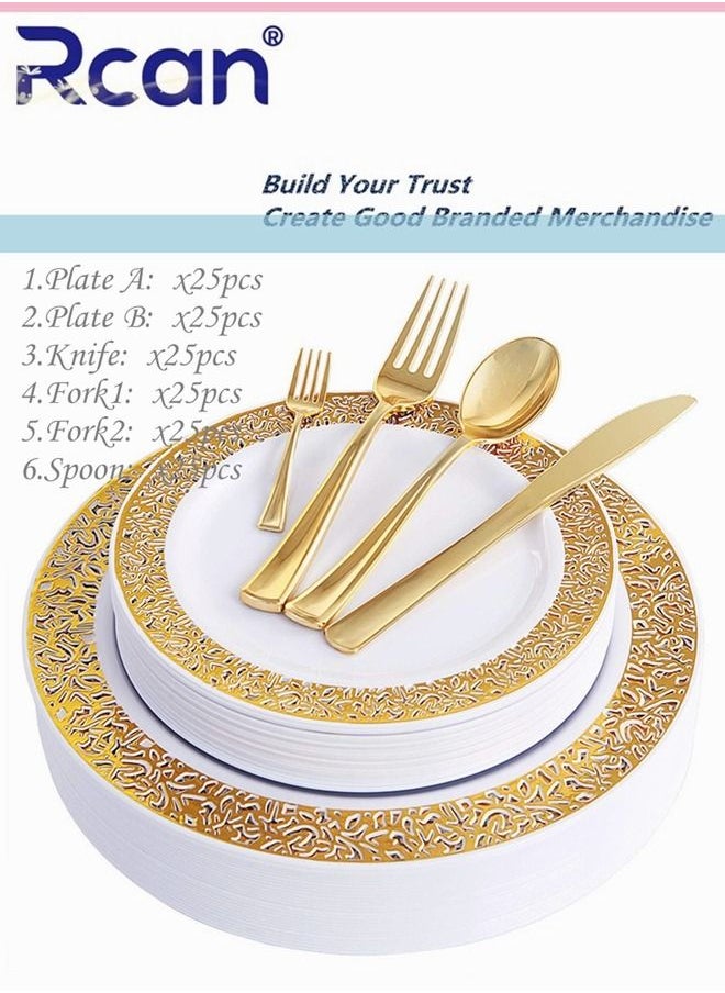 Rcan 150 Pcs/Set Gold Upscale Wedding Dining Party Disposable Plastic Hollow-Carved Cutlery Set, Party Supplies Plate, Spoon, Fork, Knife, Party Tableware (25 Guest)  - Image 1