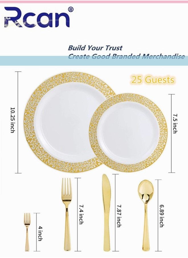 Rcan 150 Pcs/Set Gold Upscale Wedding Dining Party Disposable Plastic Hollow-Carved Cutlery Set, Party Supplies Plate, Spoon, Fork, Knife, Party Tableware (25 Guest)  - Image 4