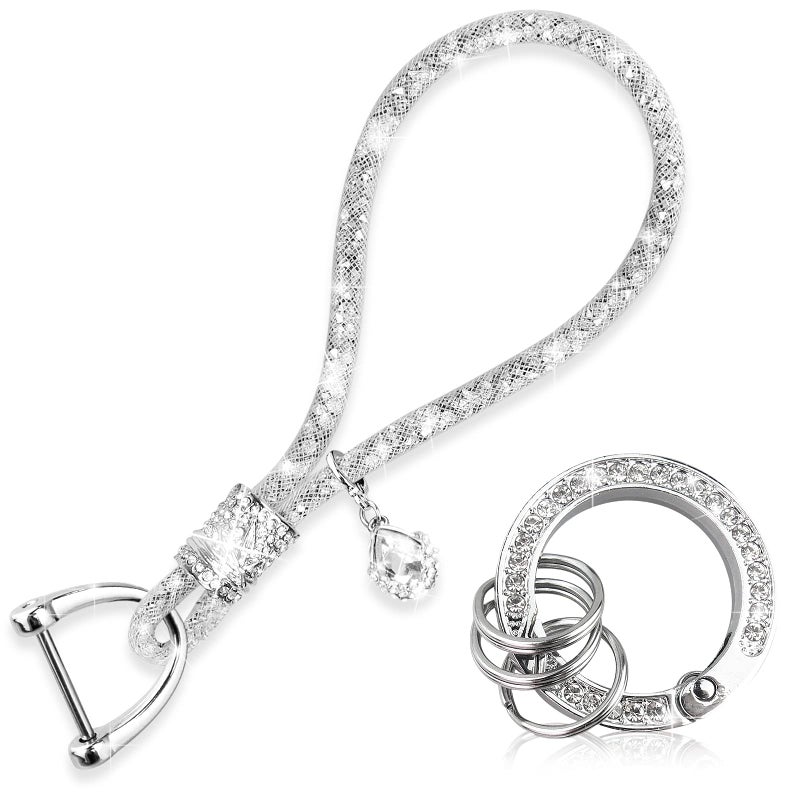 Yiflin Cute Wrist Car keychain for Women, Crystal Keychain Accessoriesï¼ŒBling Wrist Lanyard for Keys, Car key (Silver, Large) - Image 1