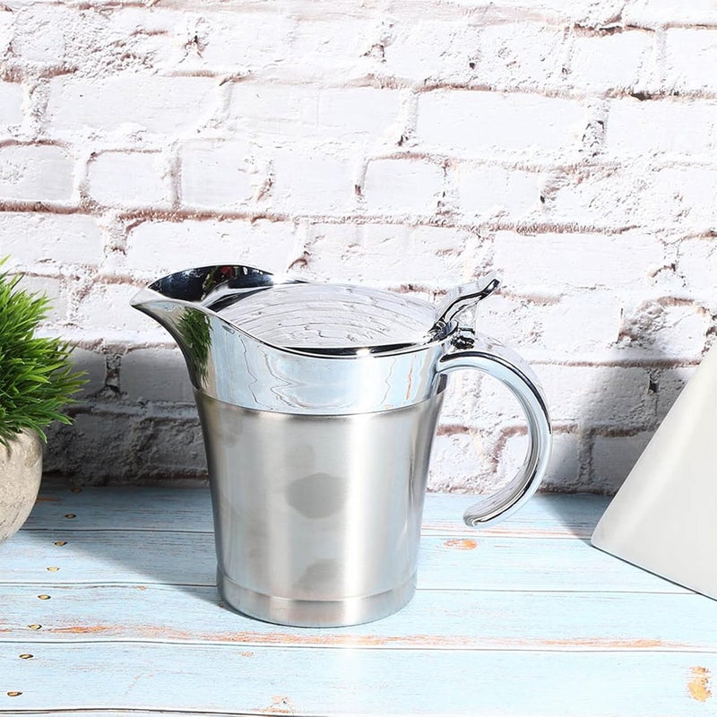 750ML Gravy Boat 304 Stainless Steel Sauce Jug, Double Walled Steak Sauce Pot with Lid, Insulated Gravy Boat for Holiday Family Meals, Ergonomic Non Drip Spout - Image 2