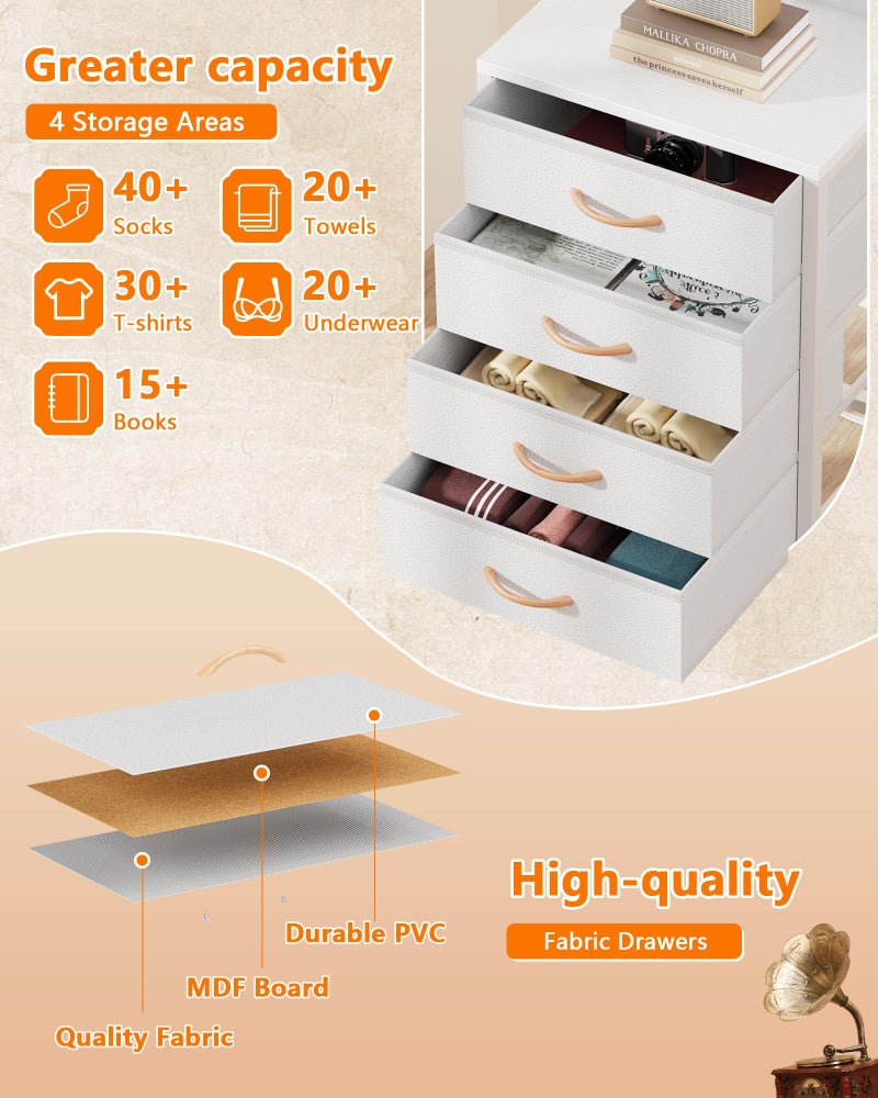 Furnulem White Nightstand, 38 inches Tall Night Stand with Charging Station and LED Lights, Bedside Table for Bedroom, Office, Hallway, 4 Fabric Drawers, Metal Frame, Wood Shelves - Image 3
