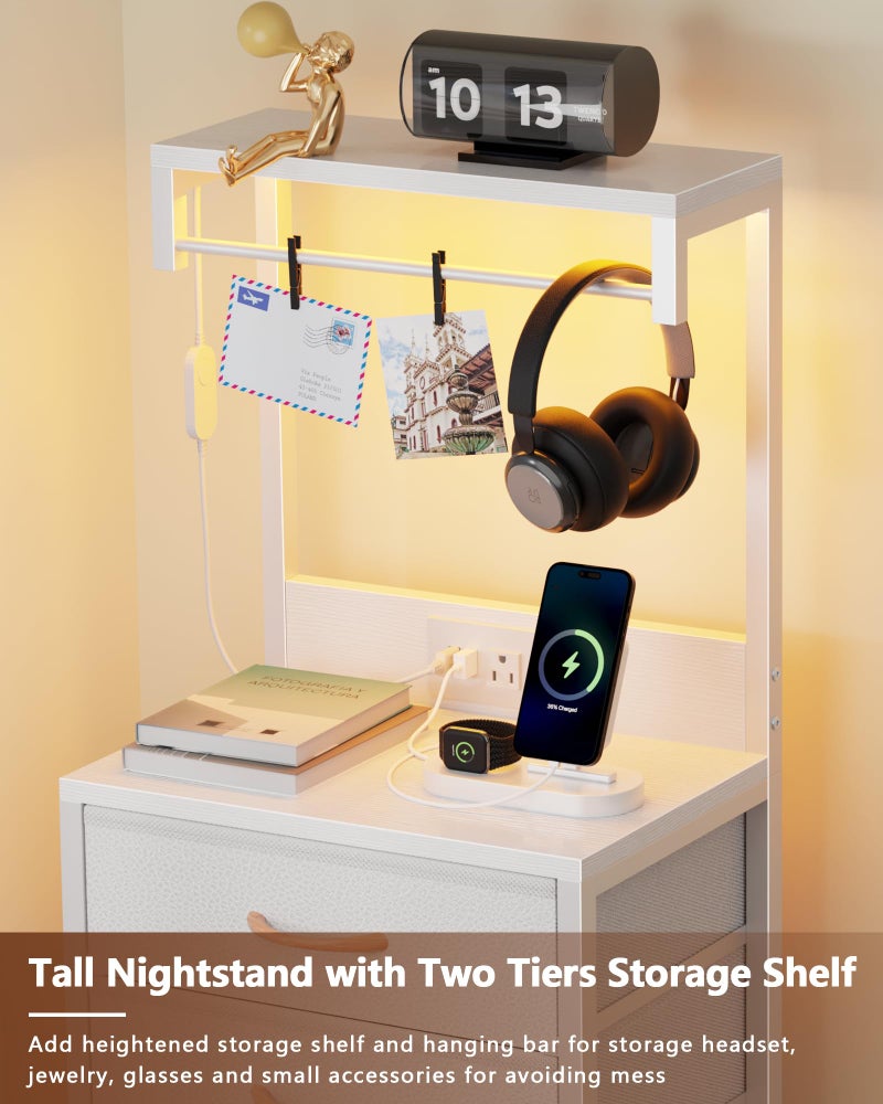 Furnulem White Nightstand, 38 inches Tall Night Stand with Charging Station and LED Lights, Bedside Table for Bedroom, Office, Hallway, 4 Fabric Drawers, Metal Frame, Wood Shelves - Image 5