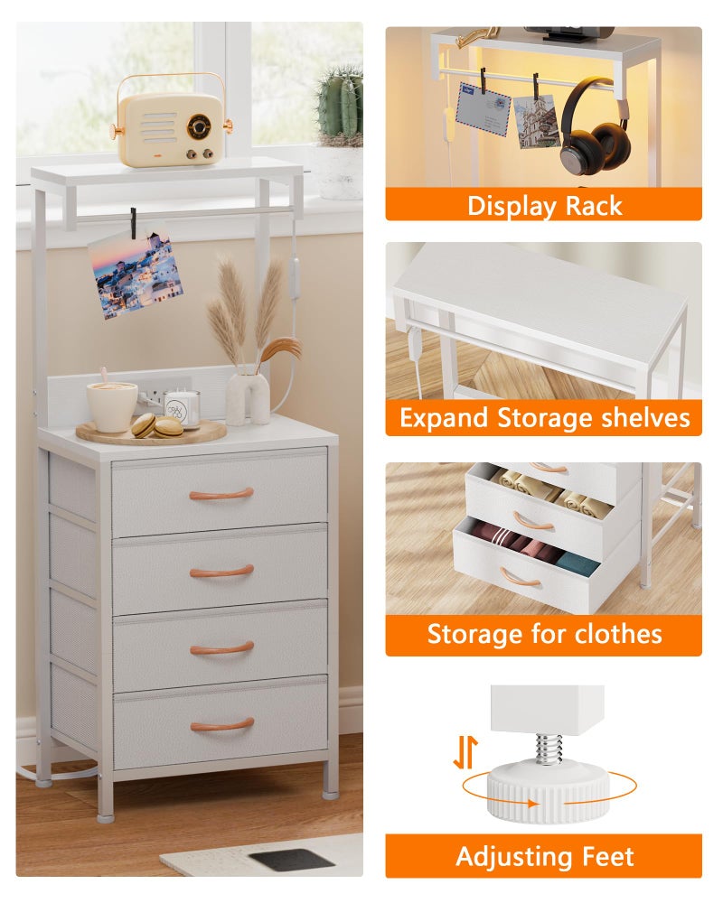 Furnulem White Nightstand, 38 inches Tall Night Stand with Charging Station and LED Lights, Bedside Table for Bedroom, Office, Hallway, 4 Fabric Drawers, Metal Frame, Wood Shelves - Image 2