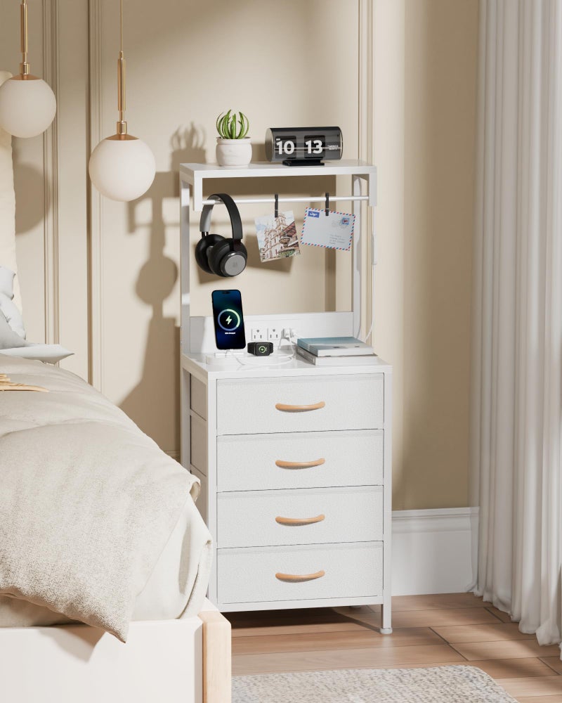 Furnulem White Nightstand, 38 inches Tall Night Stand with Charging Station and LED Lights, Bedside Table for Bedroom, Office, Hallway, 4 Fabric Drawers, Metal Frame, Wood Shelves - Image 1