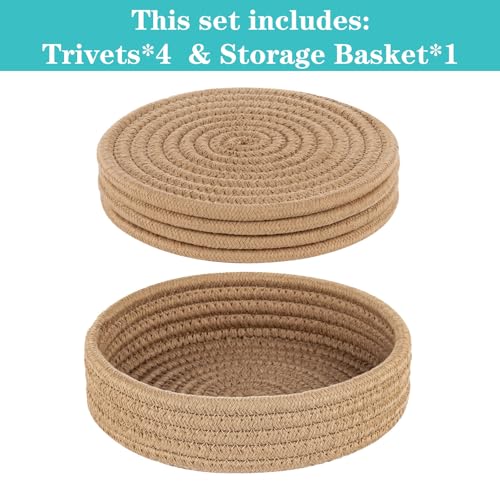 Cazzon Trivets for Hot Dishes, Pots and Pans, Hot Pads with Storage Basket, Pot Holders for Kitchen, Heat Resistant Mat Protect Counter Home Essentials, Farmhouse Decor (Khaki 4 PCS) - Image 2