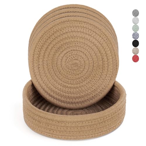 Cazzon Trivets for Hot Dishes, Pots and Pans, Hot Pads with Storage Basket, Pot Holders for Kitchen, Heat Resistant Mat Protect Counter Home Essentials, Farmhouse Decor (Khaki 4 PCS) - Image 1