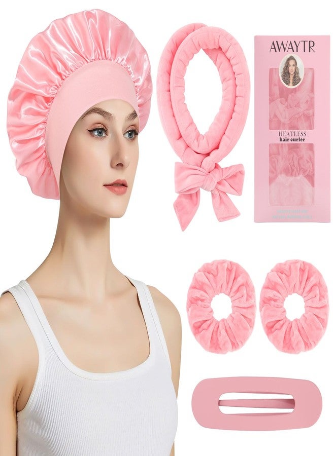AWAYTR Velvet Heatless Hair Curler Set - 5Pcs No Heat Curlers for Heatless Curls Overnight Hair Curlers to Sleep In for Curls Heatless Curling Set with Scrunchies Clip and Satin Bonnet (Deep Pink) - Image 1