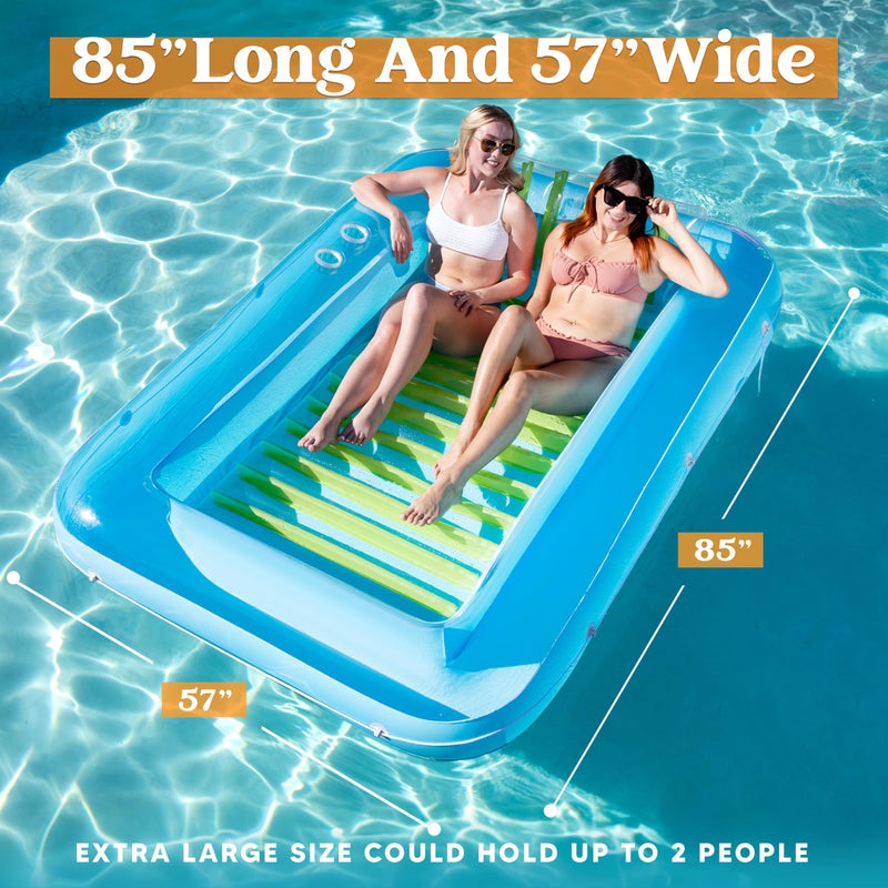 SLOOSH Inflatable Tanning Pool Lounger Float, 85" x 57" Extra Large Pool Floats Adult with Pillow, 4 in 1 Suntan Tub Raft Floatie,Sunbathing Bed Lounge for Water Blow Up Ball Pit, XL-Blue Green - Image 2