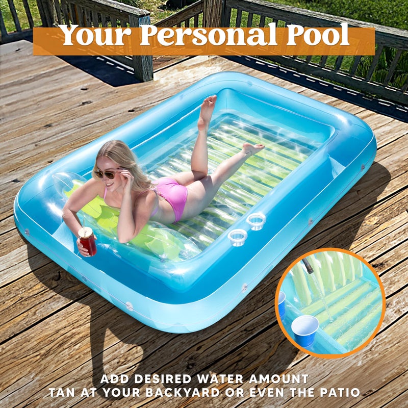 SLOOSH Inflatable Tanning Pool Lounger Float, 85" x 57" Extra Large Pool Floats Adult with Pillow, 4 in 1 Suntan Tub Raft Floatie,Sunbathing Bed Lounge for Water Blow Up Ball Pit, XL-Blue Green - Image 3