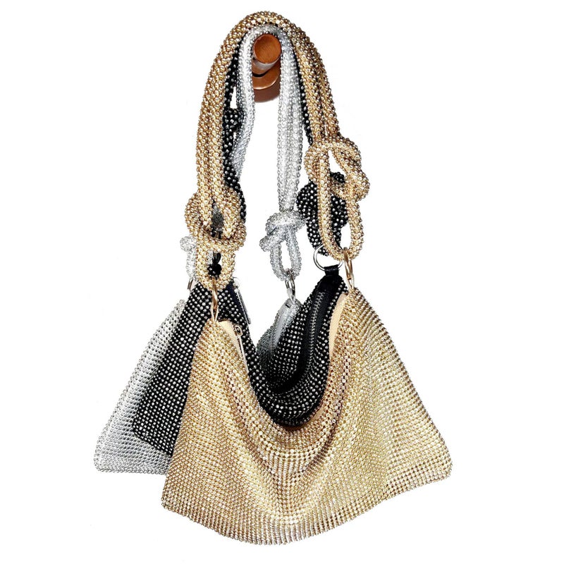 Rhinestone Evening Shoulder Bag for Women, Zipper Clutch, Black/Gold/Silver - Image 5