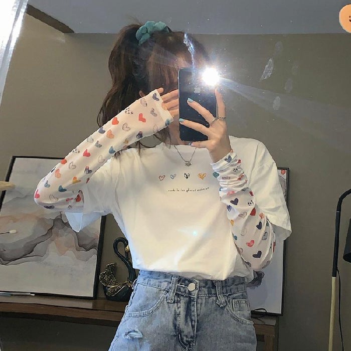 2025 Mesh Splicing Fake Two-Piece T-Shirt Summer Sun Protection Clothing Student Printed Top Can Be Worn Outside Versatile Commuter Style - Image 1