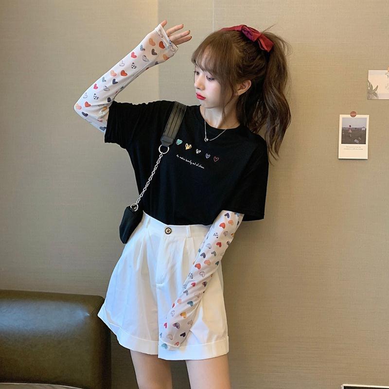 2025 Mesh Splicing Fake Two-Piece T-Shirt Summer Sun Protection Clothing Student Printed Top Can Be Worn Outside Versatile Commuter Style - Image 4