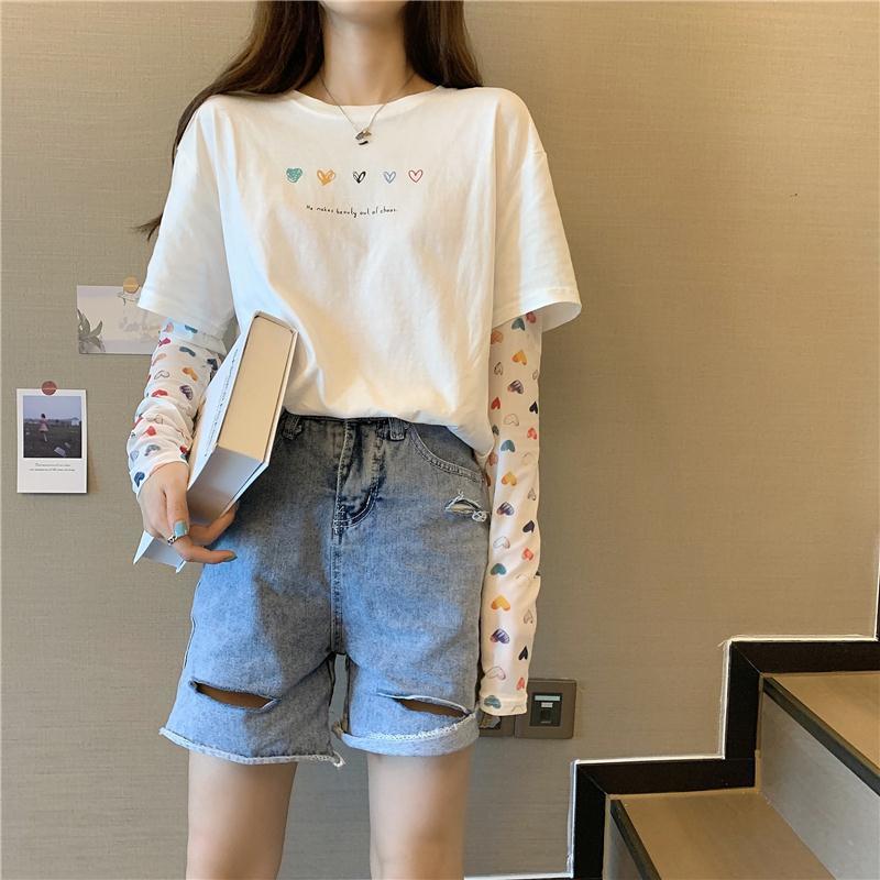 2025 Mesh Splicing Fake Two-Piece T-Shirt Summer Sun Protection Clothing Student Printed Top Can Be Worn Outside Versatile Commuter Style - Image 5