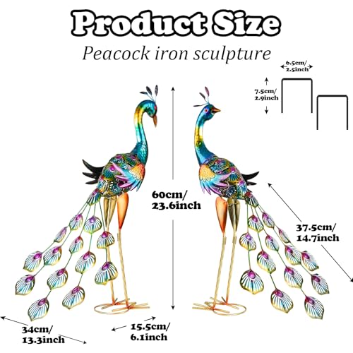 XONOR Metal Peacock Garden Statues Peacock Yard Art Outdoor Sculptures for Home Patio Lawn Backyard Dcor Set of 2 Peacock - Image 3