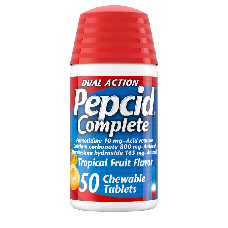 Pepcid Complete Acid Reducer + Antacid Chewables, 10mg Famotidine, 800mg Calcium Carbonate & 165mg Magnesium Hydroxide per Heartburn Medicine Tablet, Antacid Chews, Tropical Fruit, 50 ct - Image 1