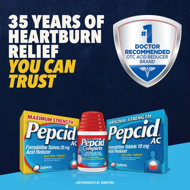 Pepcid Complete Acid Reducer + Antacid Chewables, 10mg Famotidine, 800mg Calcium Carbonate & 165mg Magnesium Hydroxide per Heartburn Medicine Tablet, Antacid Chews, Tropical Fruit, 50 ct - Image 5