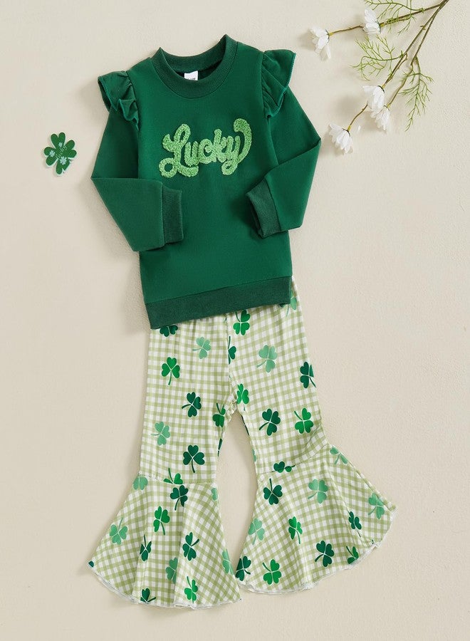 DNOMAID YZARC Toddler Baby Girl St Patricks Day Outfit Letter Clover Long Sleeve Sweatshirt Bell Bottom Pants Irish Clothes (Green 3, 4-5T) - Image 2