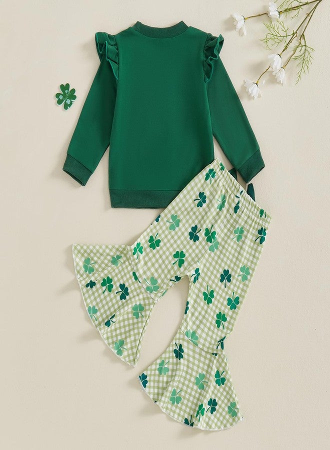 DNOMAID YZARC Toddler Baby Girl St Patricks Day Outfit Letter Clover Long Sleeve Sweatshirt Bell Bottom Pants Irish Clothes (Green 3, 4-5T) - Image 3