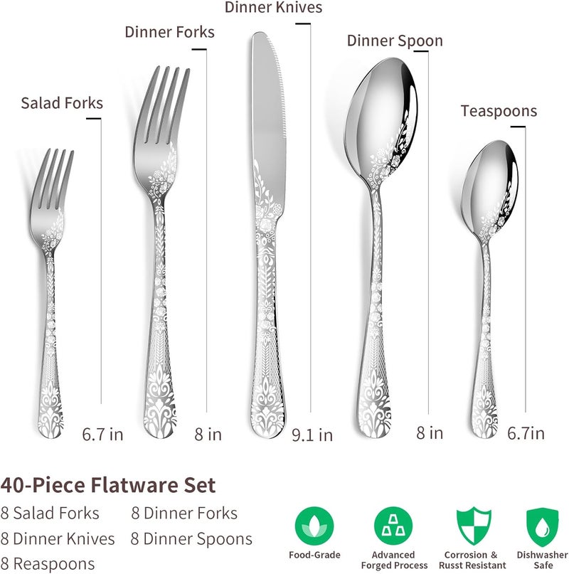 Remoxye 40 Piece Silverware Set Stainless Steel Flatware Cutlery Set Service for 8 Mirror Polished Tableware Eating Utensils Set for Home Kitchen Include Knife Fork Spoon Set Dishwasher Safe - Image 2