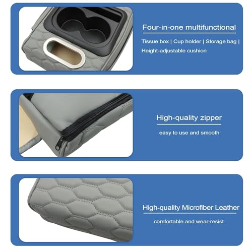 AOUTTUOA Universal Car Multifunctional Armrest Heightening Pad Gray Car Center Console Cover Microfiber PU Leather with Built-in Tissue Box & Cup Holder & Phone Storage Slot & Side Pockets - Image 2