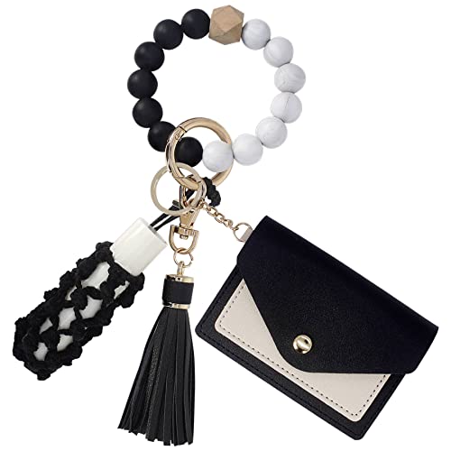 BIHRTC Keyring Wallet Keychain Silicone Beads Bracelet Wristlet with Hand-knitted Net Chapstick Holder Bag PU leather Tassel for Women and Girls House Car Keys Ring Holder Bangle - Image 1