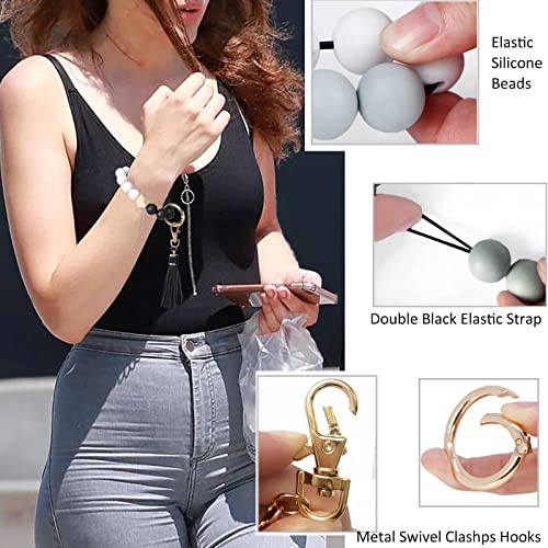 BIHRTC Keyring Wallet Keychain Silicone Beads Bracelet Wristlet with Hand-knitted Net Chapstick Holder Bag PU leather Tassel for Women and Girls House Car Keys Ring Holder Bangle - Image 3