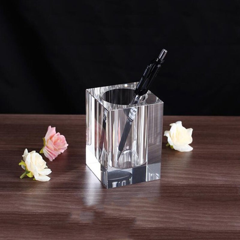 Coideal Glass Crystal Pen Pencil Cup Holder Square Clear Small Desk Table Organizer for Office School Teacher and Student