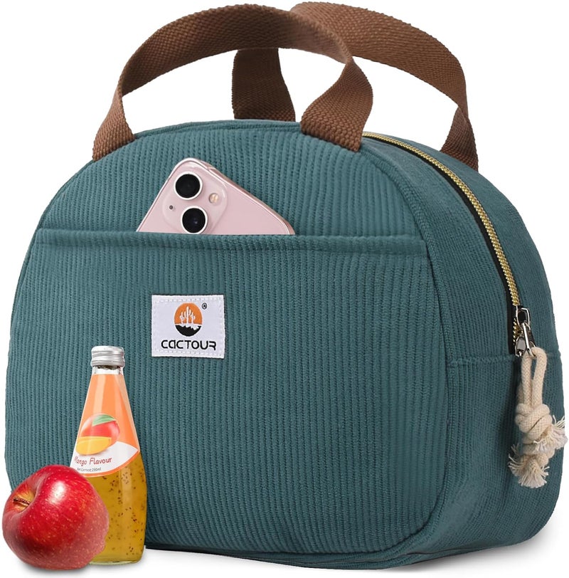 CaCTOUR Lunch Box Lunch Bag for Women Girls Teens, Cute Lunch Box Cooler Bag, Portable Small Insulated LunchBox Reusable Corduroy Lunch Tote for Work/Travel/Picnic/School (Lake Green) - Image 1