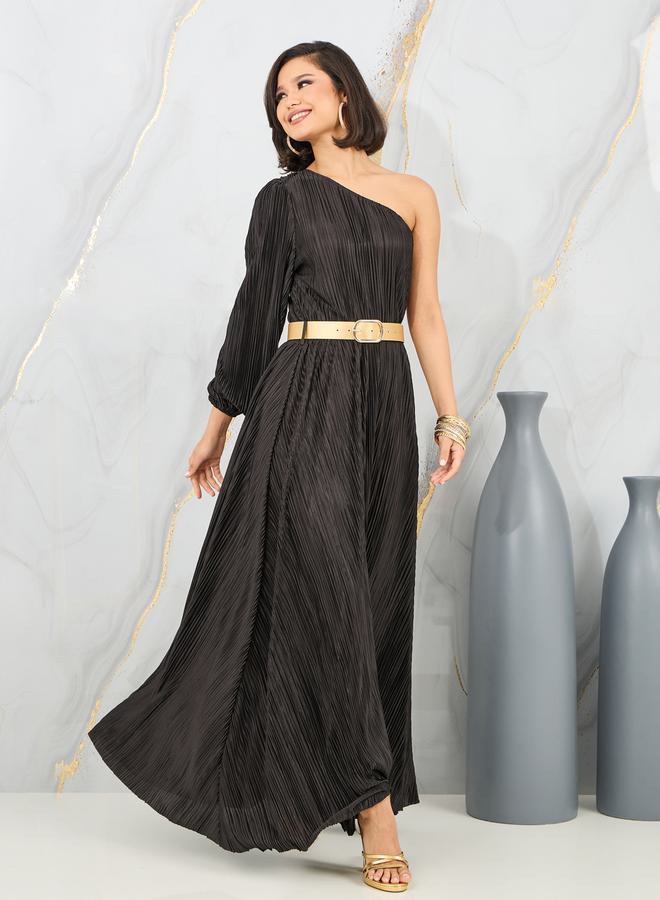 Styli Styli Plisse One Shoulder Neck Belted A-Line Maxi Dress  - Image 1