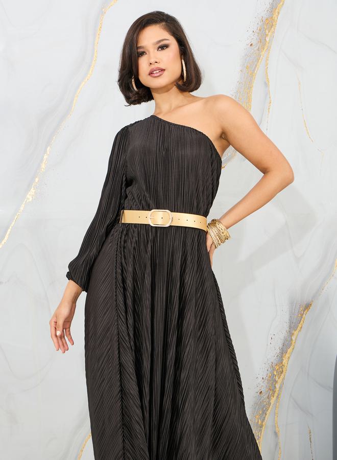 Styli Styli Plisse One Shoulder Neck Belted A-Line Maxi Dress  - Image 2