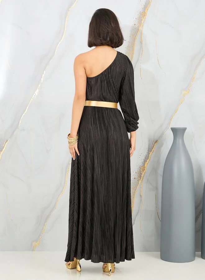 Styli Styli Plisse One Shoulder Neck Belted A-Line Maxi Dress