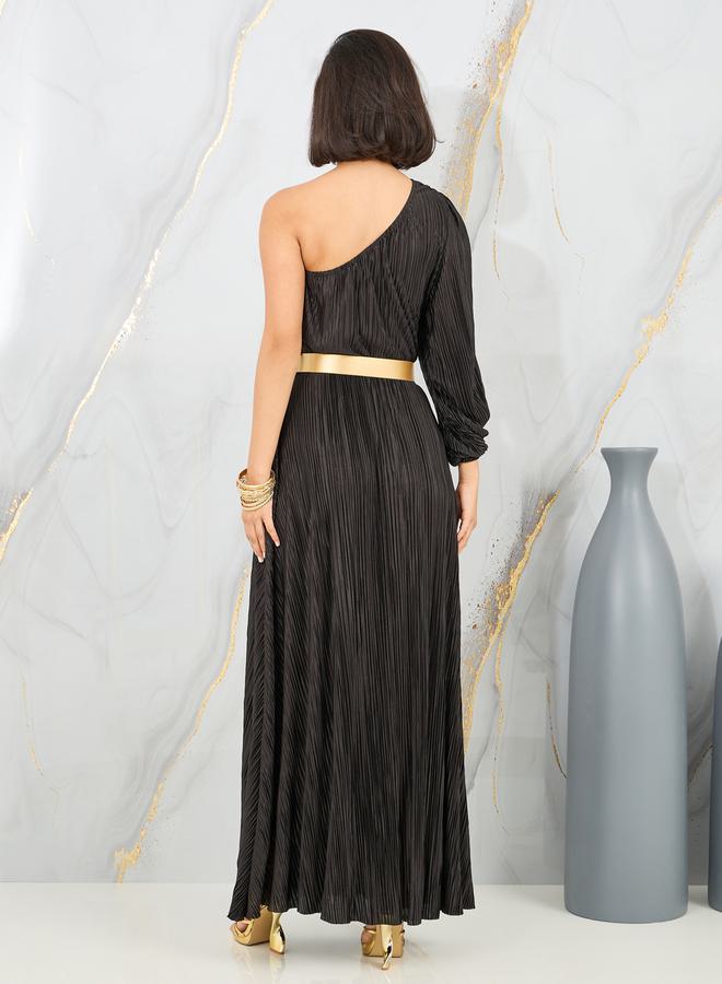 Styli Styli Plisse One Shoulder Neck Belted A-Line Maxi Dress  - Image 4