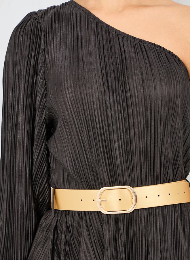 Styli Styli Plisse One Shoulder Neck Belted A-Line Maxi Dress  - Image 3