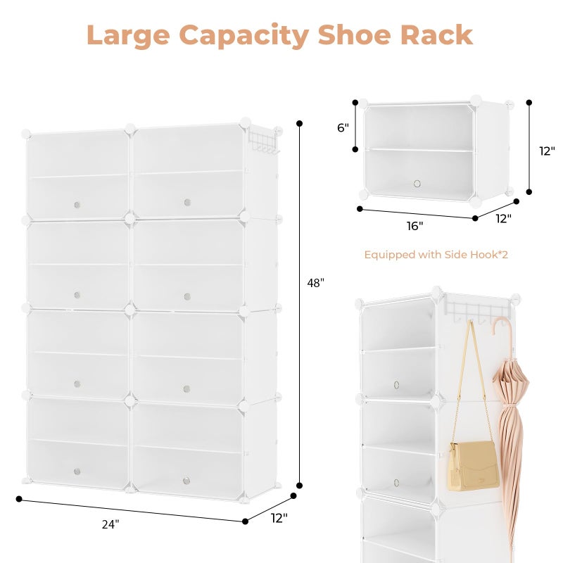 BrFoYu Shoe Rack 8 Tier Shoe Storage Cabinet with Door 32 Pair Tall Shoes Rack Organizer Free Standing Expandable Stable Plastic Easy Assembly Shoes Shelf for Closet Hallway Entryway Bedroom White - Image 3