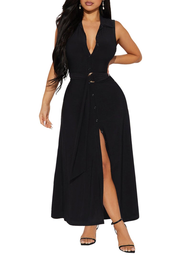 Ekaliy Black Dresses for Women Sexy Sleeveless Button Deep V Neck High Waist Split Maxi Club Party Belted Long Dress - Image 2