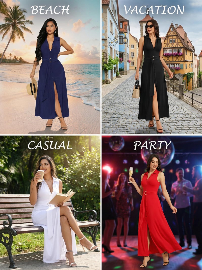 Ekaliy Black Dresses for Women Sexy Sleeveless Button Deep V Neck High Waist Split Maxi Club Party Belted Long Dress - Image 5