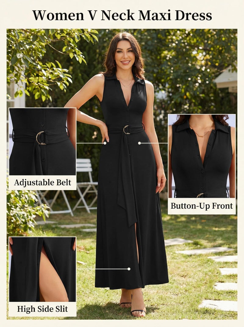 Ekaliy Black Dresses for Women Sexy Sleeveless Button Deep V Neck High Waist Split Maxi Club Party Belted Long Dress - Image 4