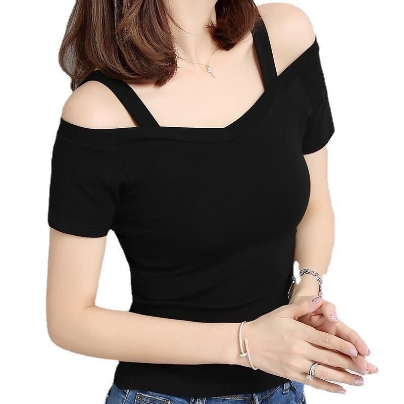 T-Shirt for Women 2025 Summer Korean Style Black L Off-Shoulder Suspender Short-Sleeved T-Shirt Women's One-Line Collar Off-Shoulder Sexy Top Trendy - Image 5
