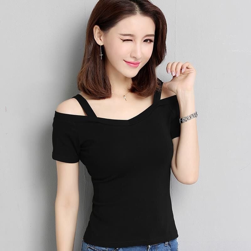 T-Shirt for Women 2025 Summer Korean Style Black L Off-Shoulder Suspender Short-Sleeved T-Shirt Women's One-Line Collar Off-Shoulder Sexy Top Trendy - Image 4
