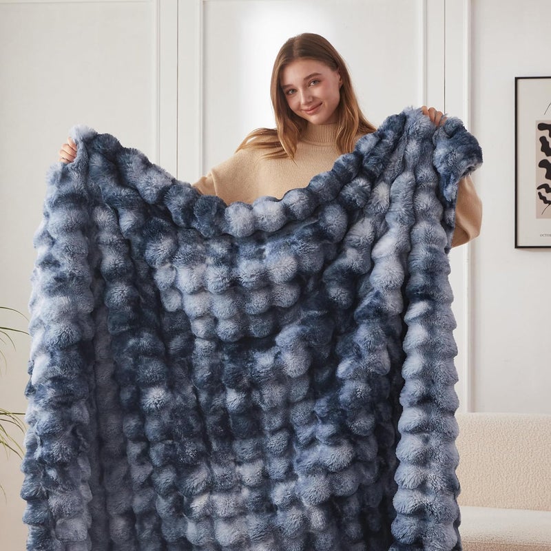 COOVA Faux Fur Throw Blanket for Couch, Cozy Soft and Fuzzy Plush Rabbit Fur Bubble Blanket for Sofa Bedroom Living Room, 50x60 Inches Tie Dye Light Blue - Image 3