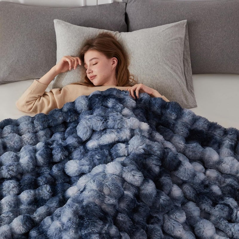 COOVA Faux Fur Throw Blanket for Couch, Cozy Soft and Fuzzy Plush Rabbit Fur Bubble Blanket for Sofa Bedroom Living Room, 50x60 Inches Tie Dye Light Blue - Image 4