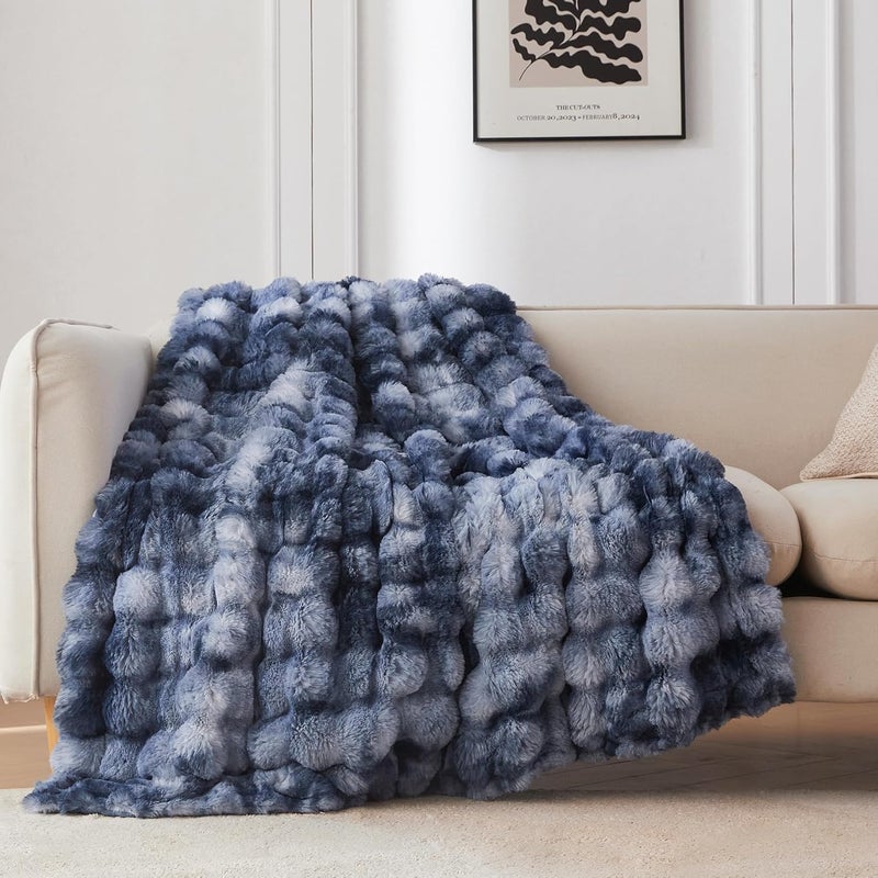 COOVA Faux Fur Throw Blanket for Couch, Cozy Soft and Fuzzy Plush Rabbit Fur Bubble Blanket for Sofa Bedroom Living Room, 50x60 Inches Tie Dye Light Blue - Image 1
