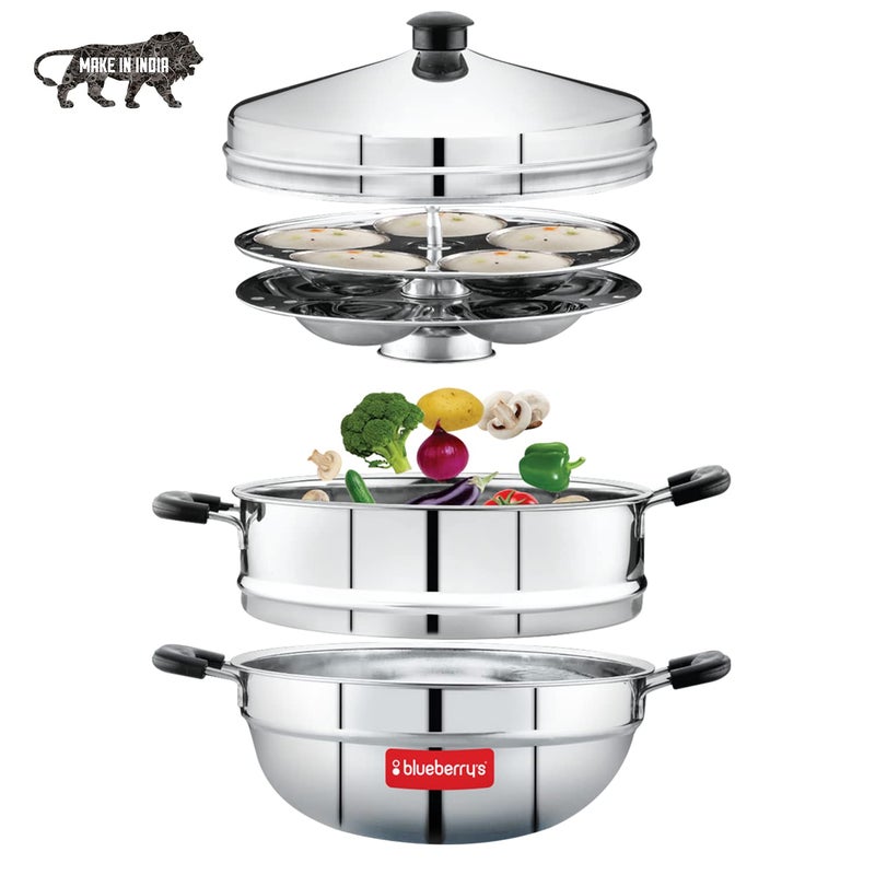 Blueberry's ᴹᴵᔆᵀʸ 4-Plate 16-Idly Stainless Steel Idly Idli Cooker with Stand Lifter and Whistle, Made in India, 1-Year Warranty -Silver (Cooker) - Image 3