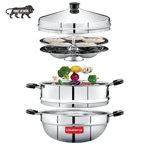 Blueberry's ᴹᴵᔆᵀʸ 4-Plate 16-Idly Stainless Steel Idly Idli Cooker with Stand Lifter and Whistle, Made in India, 1-Year Warranty -Silver (Cooker) - Image 1