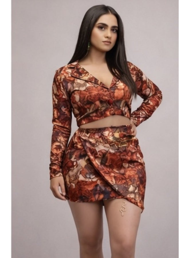 Bold Chic Womenâ€™s Wine Rust Print Co-Ord Set - Image 1