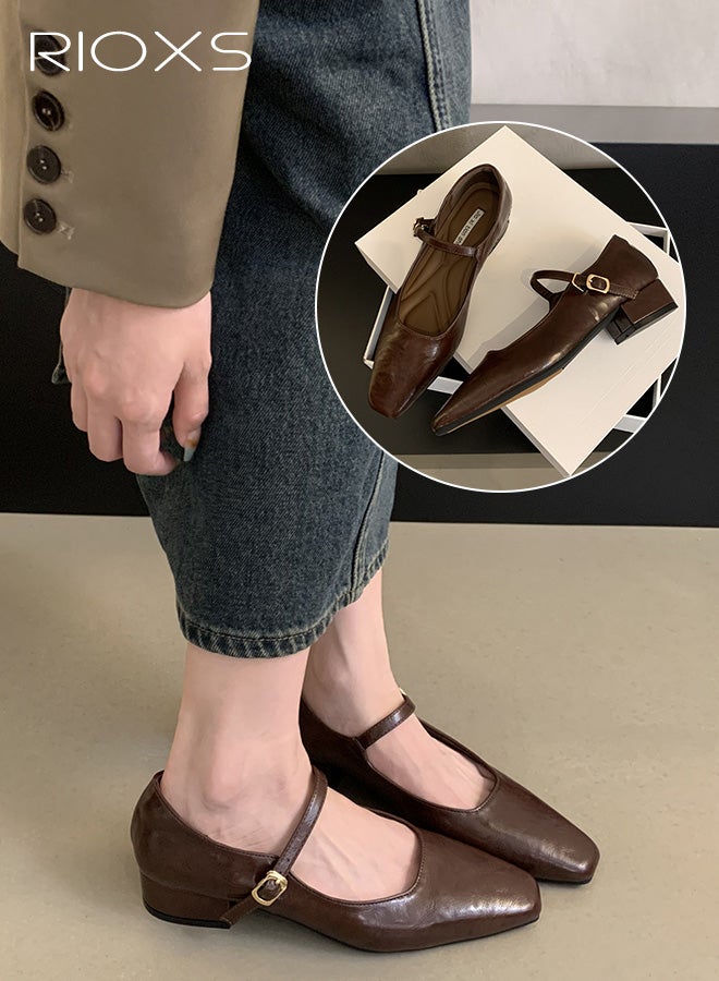 RIOXS Women's Mary Jane Heels,  Square Closed Toes Pump Shoes with Buckle Strap, Classic Anti-slip Chunky Low Heel Mary Jane Shoes for Ladies, Cmofy Lightweight Ladies Ballet Shoes Wedding Dress Shoes for Work, Shopping, Dating, Prom and Daily Wear, Brown - Image 1