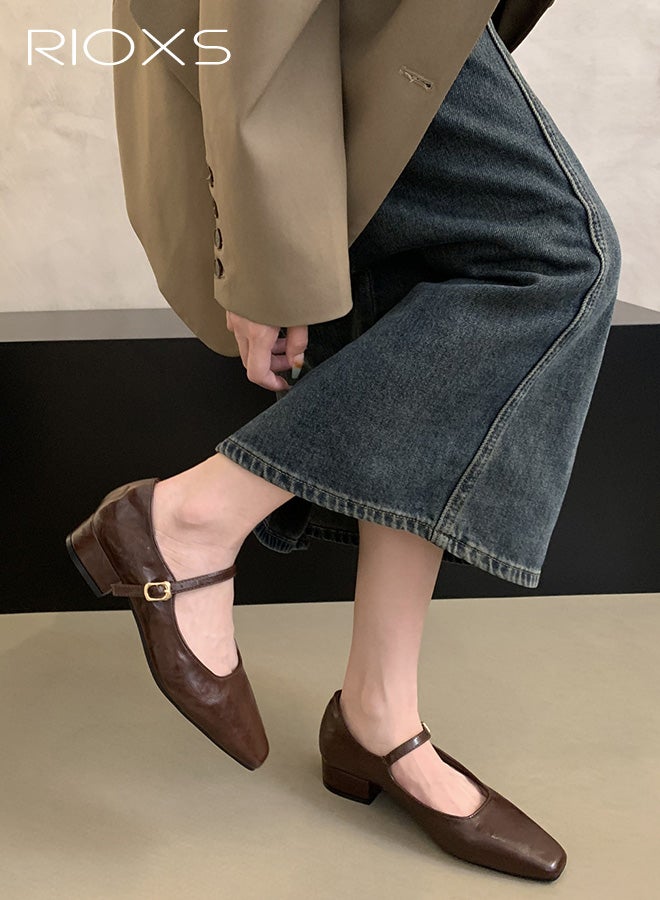 RIOXS Women's Mary Jane Heels,  Square Closed Toes Pump Shoes with Buckle Strap, Classic Anti-slip Chunky Low Heel Mary Jane Shoes for Ladies, Cmofy Lightweight Ladies Ballet Shoes Wedding Dress Shoes for Work, Shopping, Dating, Prom and Daily Wear, Brown - Image 2