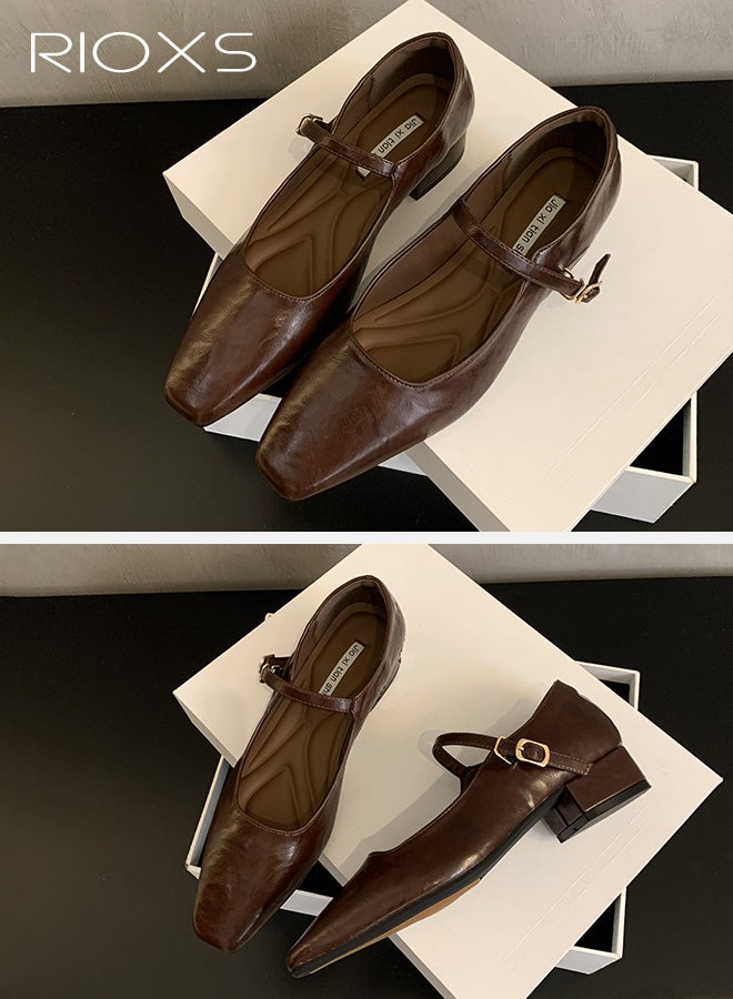 RIOXS Women's Mary Jane Heels,  Square Closed Toes Pump Shoes with Buckle Strap, Classic Anti-slip Chunky Low Heel Mary Jane Shoes for Ladies, Cmofy Lightweight Ladies Ballet Shoes Wedding Dress Shoes for Work, Shopping, Dating, Prom and Daily Wear, Brown - Image 5