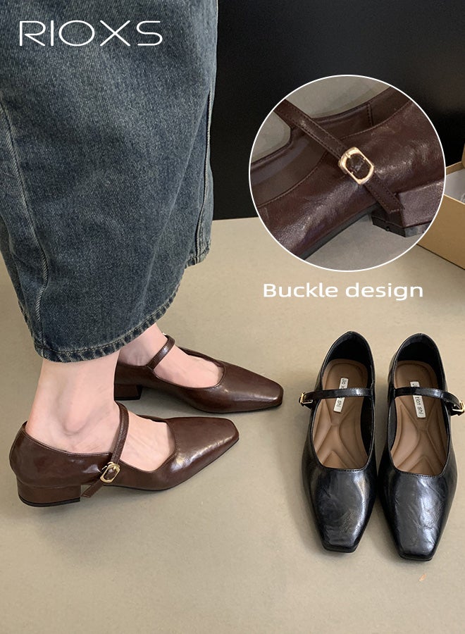 RIOXS Women's Mary Jane Heels,  Square Closed Toes Pump Shoes with Buckle Strap, Classic Anti-slip Chunky Low Heel Mary Jane Shoes for Ladies, Cmofy Lightweight Ladies Ballet Shoes Wedding Dress Shoes for Work, Shopping, Dating, Prom and Daily Wear, Brown - Image 4