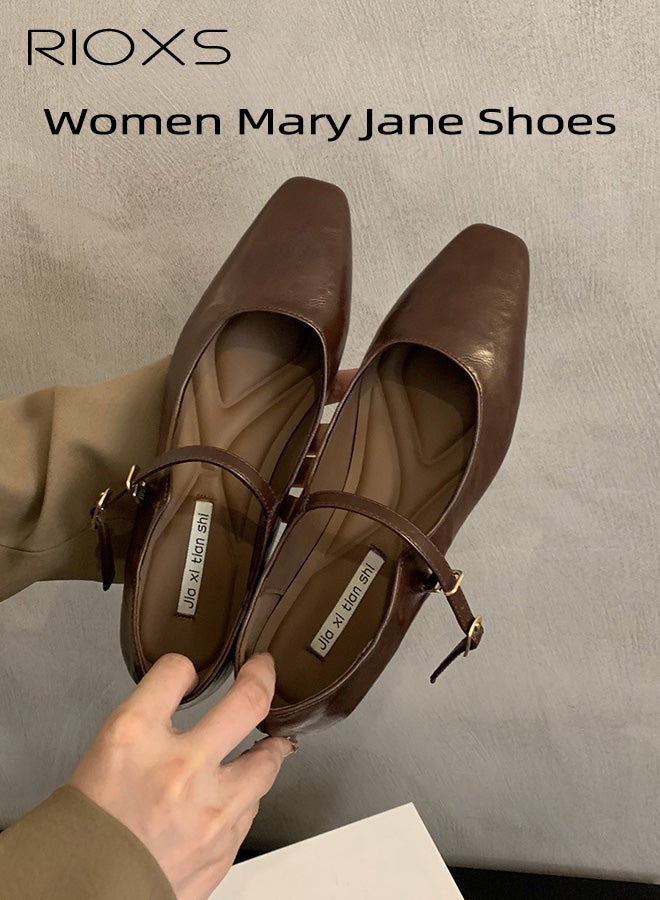 RIOXS Women's Mary Jane Heels,  Square Closed Toes Pump Shoes with Buckle Strap, Classic Anti-slip Chunky Low Heel Mary Jane Shoes for Ladies, Cmofy Lightweight Ladies Ballet Shoes Wedding Dress Shoes for Work, Shopping, Dating, Prom and Daily Wear, Brown - Image 3